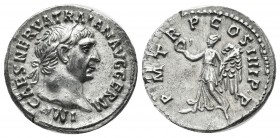 Trajan, AD.98-117. AR Denarius (18mm, 3.40g). Rome. IMP CAES NERVA TRAIAN AVG GERM, laureate head right / P M TR P COS IIII P P, Victory standing faci...