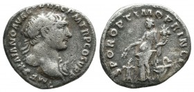 Trajan, AD.98-117. AR Denarius (12mm, 2.66g). Rome. IMP TRAIANO AVG GER DAC P M TR P COS V P P, Laureate and draped bust of Trajan right / S P Q R OPT...