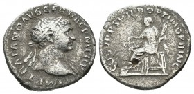 Trajan, AD.98-117. AR Denarius (18mm, 2.43g). Rome mint. Struck AD.103-112. IMP TRAIANO AVG GER DAC P M TR P. Laureate bust facing right, light draper...