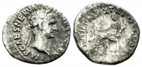 Trajan, AD.98-117. AR Denarius (18mm, 3.09g). Rome mint. IMP CAES NERVA TRAIAN AVG GERM. Laureate head right. / PONT MAX TR POT COS II. Vesta seated l...