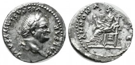 Vespasian, AD.69-79. AR Denarius (17mm, 3.55g). Rome. CAESAR VESPASIANVS AVG, laureate head right / ANNONA AVG, Annona seated left on throne, holding ...