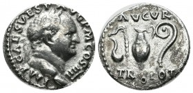 Vespasian, AD.69-79. AR Denarius (18mm, 3.27g). Rome. IMP CAES VESP AVG P M, laureate head right / AVGVR TRI POT, priestly implements: simpulum, sprin...