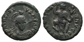 Arcadius, AD.383-408. Æ (16mm, 2.60g). DN ARCADI-VS P F AVG. Diademed, helmeted and cuirassed bust facing slightly right, holding spear and shield dec...