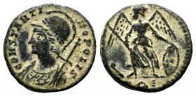 Commemorative Series, AD.293-337. Æ Follis (15mm, 2.06g). Rome mint. CONSTANTI-NOPOLIS. Laureate and helmeted bust of Constantinopolis left. / Victory...