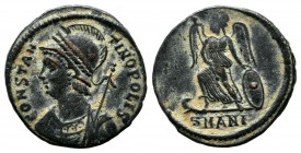 Commemorative Series, AD.330-354. Æ Follis (17mm, 1.88g). Antiochia mint. CONSTANTI-NOPOLIS. Laureate and helmeted bust of Constantinopolis left. / No...