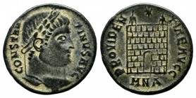 Constantine I. AD.325-326. Æ Nummus (17mm, 2.46g). Nicomedia mint. CONSTANTINVS AVG. Laureate head right. / PROVIDENTIAE AVGG. Camp gate with two turr...