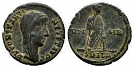 Constantine I. AD.347-348. Æ Half Nummus (15mm, 1.48g). Alexandria. DV CONSTANTINVS PT AVGG, veiled head right. / Constantine, veiled, standing right;...