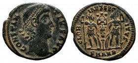 Constantius II AD.337-361. Æ (15mm, 1.63g). Antiochia mint, 2nd officina. CONSTAN-TIVS PF AVG. Pearl-diademed bust right. / GLOR-IA EXERC-ITVS. Two so...