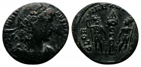 Constantius II AD.324-361. Æ Follis (14mm-1,32g). FL IVL CONSTANTIVS NOB C. Laureate, draped and cuirassed bust right / GLOR-IA EXERC-ITVS. Two soldie...