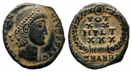Constantius II AD.337-361. Antioch mint. Æ Nummus (14mm, 1.59g). D N CONSTANTIVS P F AVG. Diademed head right. / VOT XX MVLT XXX, in laurel wreath, be...