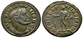 Galerius Maximinianus, AD.286-305. Æ Follis (29mm, 11.80g). Lugdunum mint, 1st officina. MAXIMIANVS NOB C. Laureate head right. / GENIO POP-VLI ROMANI...