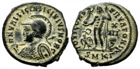 Licinius II (as Caesar), AD.317-324. Æ Follis (19mm, 3.64g). Cyzicus mint, 3rd officina. Struck AD.321-324. D N VAL LICIN LICINIVS NOB C. Helmeted and...