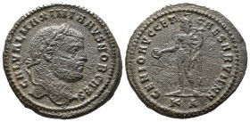 Maximianus Herculius, AD.286-305. Æ Follis (28mm, 11.20g). GAL VAL MAXIMIANVS NOB CAES. Laureate head right. / GENIO AVGG ET CAESARVM NN. Genius stand...
