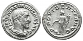 Maximinus I Thrax. AD 235-238. AR Denarius (19mm, 3.26g). Rome. MAXIMINVS PIVS AVG, laureate, draped and cuirassed bust right / PROVIDENTIA AVG, Provi...