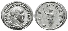 Maximinus I Thrax. AD 235-238. AR Denarius (20mm, 3.22g). Rome. IMP MAXIMINVS PIVS AVG, laureate, draped and cuirassed bust right / PAX AVGVSTI, Pax s...