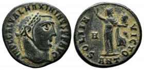 Maximinus II Daza, AD.309-313. Æ Follis (20mm, 4.84g). Antioch mint, struck AD.312. IMP C GAL VAL MAXIMINVS PF AVG, laureate head right / SOLI INVICTO...