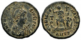 Theodosius I. AD.379-395. Æ (23mm, 5.26g). Antiochia mint, 2nd officina. D N THEODO-SIVS P F AVG. Diademed, helmeted, draped and cuirassed bust of The...
