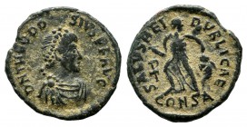 Theodosius I. AD.379-395. Æ Nummus (14mm, 0.96g). Constantinople mint, 1st officina. DN THEODO-SIVS PF AVG. Pearl-diademed, draped, cuirassed bust rig...
