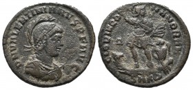 Valentinian II. AD 375-392. Æ Follis (23mm, 4.96g). Cyzicus mint, 4th officina. D N VALENTINIANVS P F AVG. Pearl-diademed, helmeted, draped, and cuira...