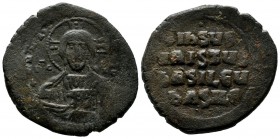 Basil II Bulgaroktonos, with Constantine VIII AD.976-1025. Æ Follis (30mm, 13.71g). Constantinople mint.+ЄMMA NOVHΛ. IC-XC to left and right of bust o...