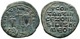Constantine VII Porphyrogenitus and Zoe, AD.913-959. Æ Follis (25mm, 7.28g). Constantinople mint. COnStAnt' CE ZOH b. Crowned busts of Constantine, we...