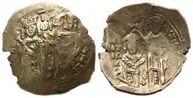 John V Palaelogus with Anna Savoy AD.1341-1391. AV Hyperpyron Nomisma (22mm, 4.74g). Constantinople mint. John and Anna standing facing, each holding ...