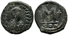 Justin I. AD.518-527. Æ Follis (30mm, 17.94g).Constantinople mint, 2nd officina. D N IVSTINVS P P AVC. Diademed, draped and cuirassed bust right. / La...