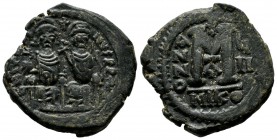 Justin II. AD.565-578. Æ (28mm, 13.00g). Nicomedia mint, 1st officina. Dated RY 8. DN IVSTI-NVS PP AVC. Justin II and Sophia seated facing on throne. ...