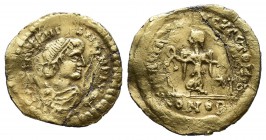 Justinian I. AD.527-565. AV Tremisses (16mm, 1.32g). Constantinople mint. D N IVSTINIANVS P P AVG. Diademed, draped, and cuirassed bust right. / VICTO...