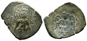 Latin Rulers of Constantinople. AD.1204-1261. Æ Trachy (22mm, 3.56g). Constantinople mint. IC XC; facing bust of Christ, holding Gospels and raising r...