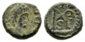 Marcianus, AD.450-457. Æ (9mm, 1.49g). Constantinople mint. D N MARCIANVS P F AVG. Diademed, draped and cuirassed bust right. / Monogram; cross above,...