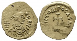 Phocas, AD.602-610. AV Tremissis (15mm, 1.42g). Constantinople. δ N FOCAS PЄR AVG. Diademed, draped and cuirassed bust right / VICTORI FOCAS AVG / CON...
