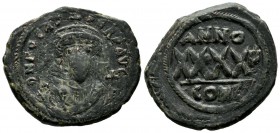 Phocas, AD.602-610. Æ Follis (31mm, 11.56g). Constantinopolis mint, 3rd. officina. Dated RY 6. d N FOCAS PERP AVC. Crowned bust facing, wearing consul...