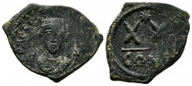 Phocas, AD.602-610. Æ Half Follis (27mm, 5.48g). Constantinople mint. D N FOCA PERP AVG. Crowned bust facing wearing consular robes and holding mappa ...