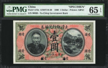 (t) CHINA--EMPIRE. Ta-Ching Government Bank. 1 Dollar, 1909. P-A76s. Specimen. PMG Gem Uncirculated 65 EPQ.

(S/M#T10-30). Printed by ABNC. Red spec...