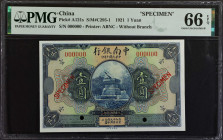 (t) CHINA--REPUBLIC. China & South Sea Bank Ltd.. 1 Yuan, 1921. P-A121s. Specimen. Gem Uncirculated 66 EPQ.

(S/M#C295-1). Printed by ABNC. Without ...