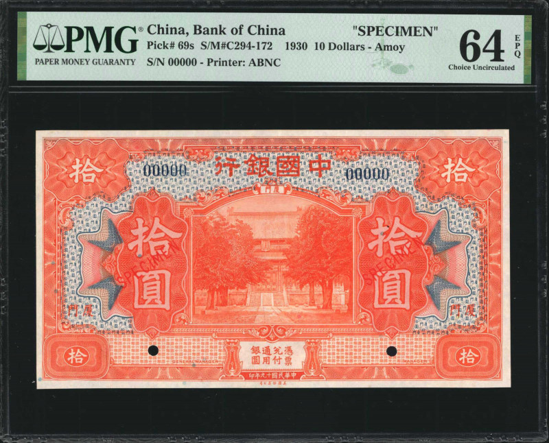 (t) CHINA--REPUBLIC. Bank of China. 10 Dollars, 1930. P-69s. Specimen. PMG Choic...