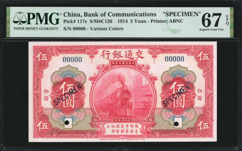 (t) CHINA--REPUBLIC. Bank of Communications. 5 Yuan, 1914. P-117s. Specimen. PMG...