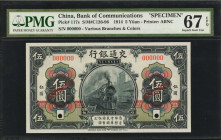 (t) CHINA--REPUBLIC. Bank of Communications. 5 Yuan, 1914. P-117s. Specimen. PMG Superb Gem Uncirculated 67 EPQ.

(S/M#C126-96). Printed by ABNC. Va...