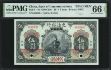 (t) CHINA--REPUBLIC. Bank of Communications. 5 Yuan, 1914. P-117s. Specimen. PMG Gem Uncirculated 66 EPQ.

(S/M#C126). Printed by ABNC. Various colo...