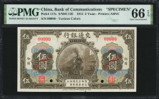 (t) CHINA--REPUBLIC. Bank of Communications. 5 Yuan, 1914. P-117s. Specimen. PMG Gem Uncirculated 66 EPQ.

(S/M#C126). Printed by ABNC. Various colo...