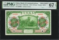 (t) CHINA--REPUBLIC. Bank of Communications. 10 Yuan, 1914. P-118s1. Specimen. Superb Gem Uncirculated 67 EPQ.

(S/M#C126). Printed by ABNC. Various...