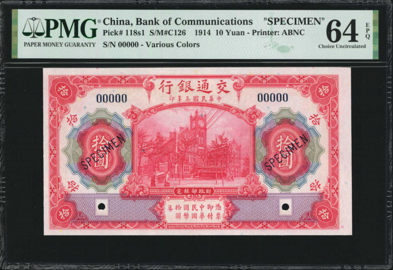 (t) CHINA--REPUBLIC. Bank of Communications. 10 Yuan, 1914. P-118s1. Specimen. P...