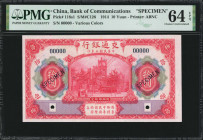 (t) CHINA--REPUBLIC. Bank of Communications. 10 Yuan, 1914. P-118s1. Specimen. PMG Choice Uncirculated 64 EPQ.

(S/M#C126). Printed by ABNC. Various...