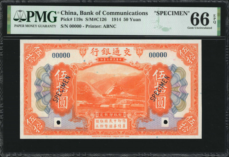 (t) CHINA--REPUBLIC. Bank of Communications. 50 Yuan, 1914. P-119s. Specimen. PM...