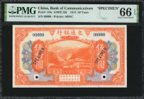 (t) CHINA--REPUBLIC. Bank of Communications. 50 Yuan, 1914. P-119s. Specimen. PMG Gem Uncirculated 66 EPQ.

(S/M#C126). Printed by ABNC. Just two ha...