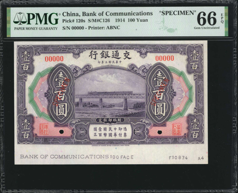 (t) CHINA--REPUBLIC. Bank of Communications. 100 Yuan, 1914. P-120s. Specimen. P...
