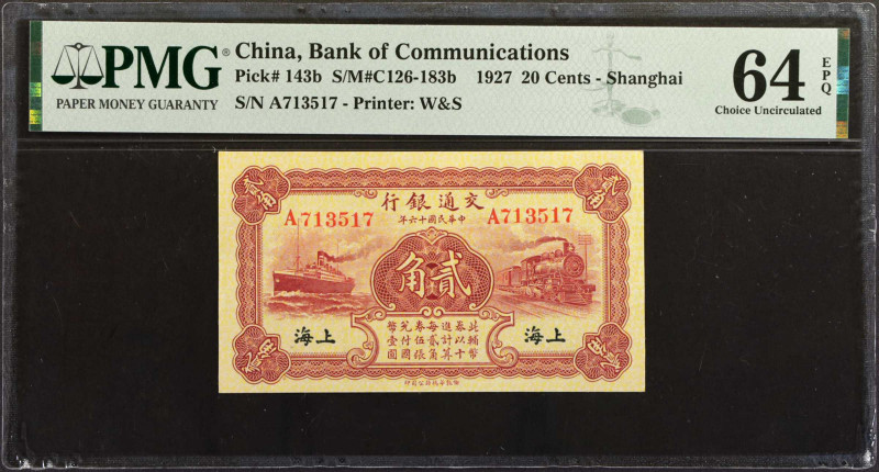 CHINA--REPUBLIC. Bank of Communications. 20 Cents, 1927. P-143b. PMG Choice Unci...
