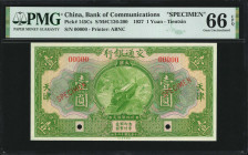 (t) CHINA--REPUBLIC. Bank of Communications. 1 Yuan, 1927. P-145Cs. Specimen. PMG Gem Uncirculated 66 EPQ.

(S/M#C126-200). Printed by ABNC. Tientsi...