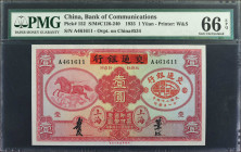 (t) CHINA--REPUBLIC. Bank of Communications. 1 Yuan, 1935. P-152. PMG Gem Uncirculated 66 EPQ.

(S/M#C126-240). Printed by W&S. Overprint on China P...